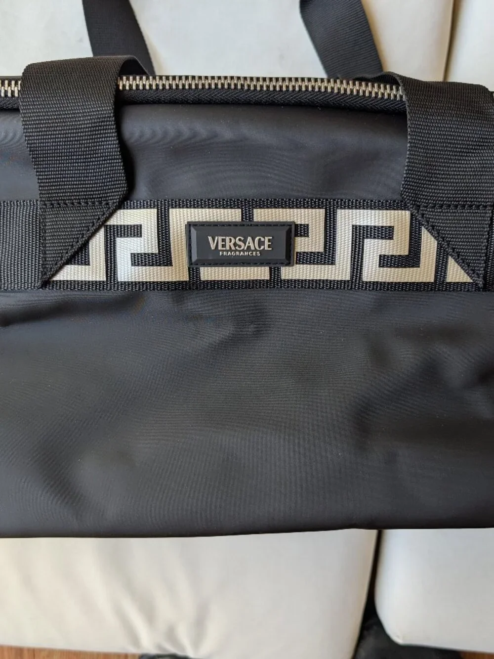Versace fragrance Duffel bag faux leather like black shoulder strap and handles